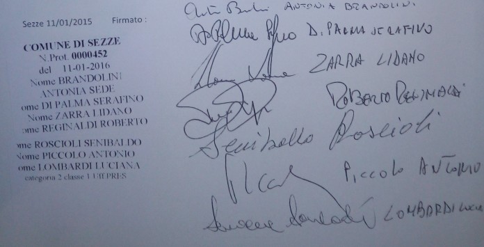 Sezze, le firme apposte sulla presentazione della Mozione Acqua Pubblica