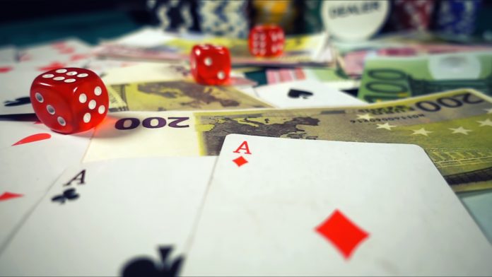 Game Gambling Money Poker Cards and Red Dices